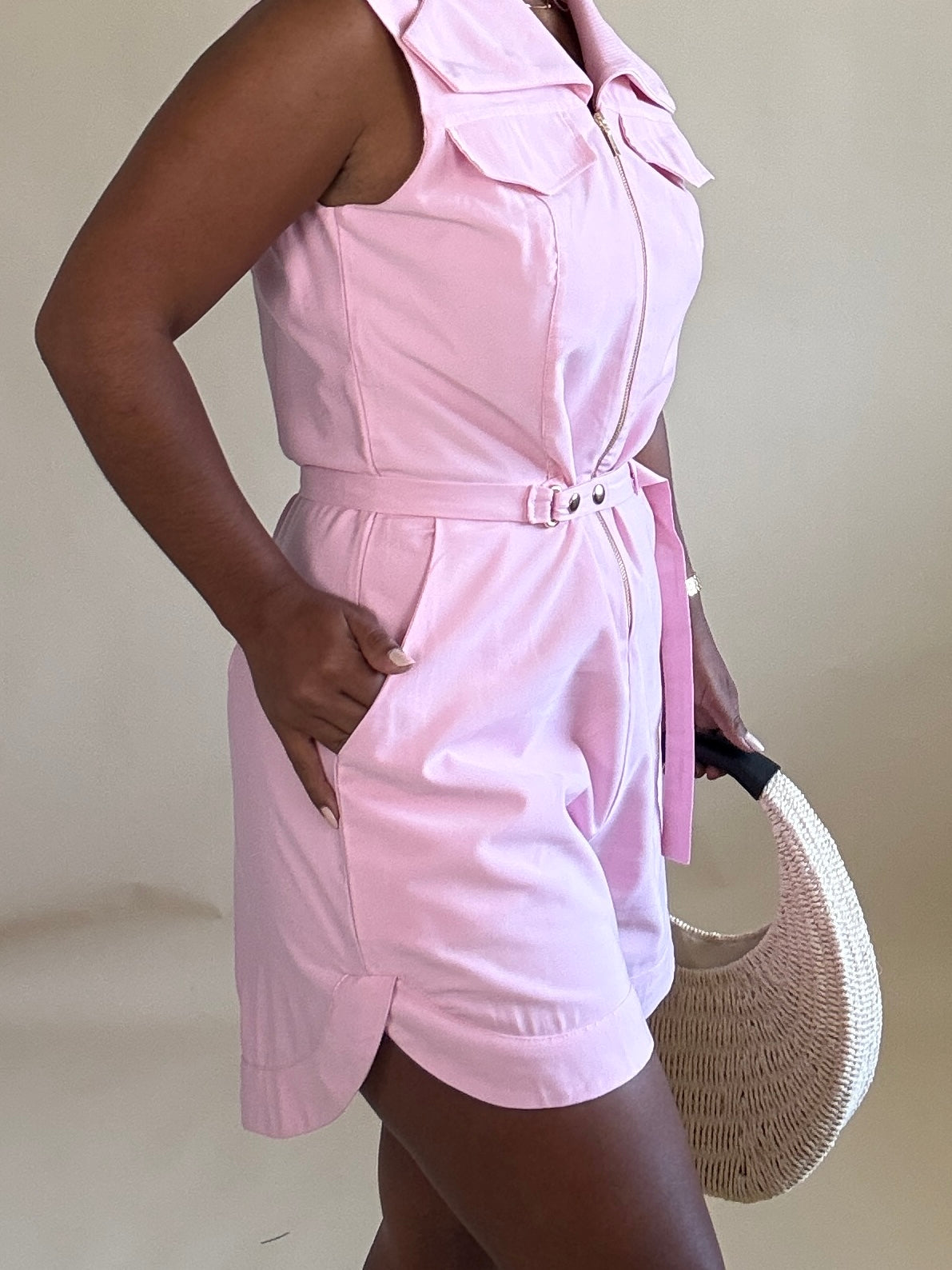 Pink Linen Utility Romper