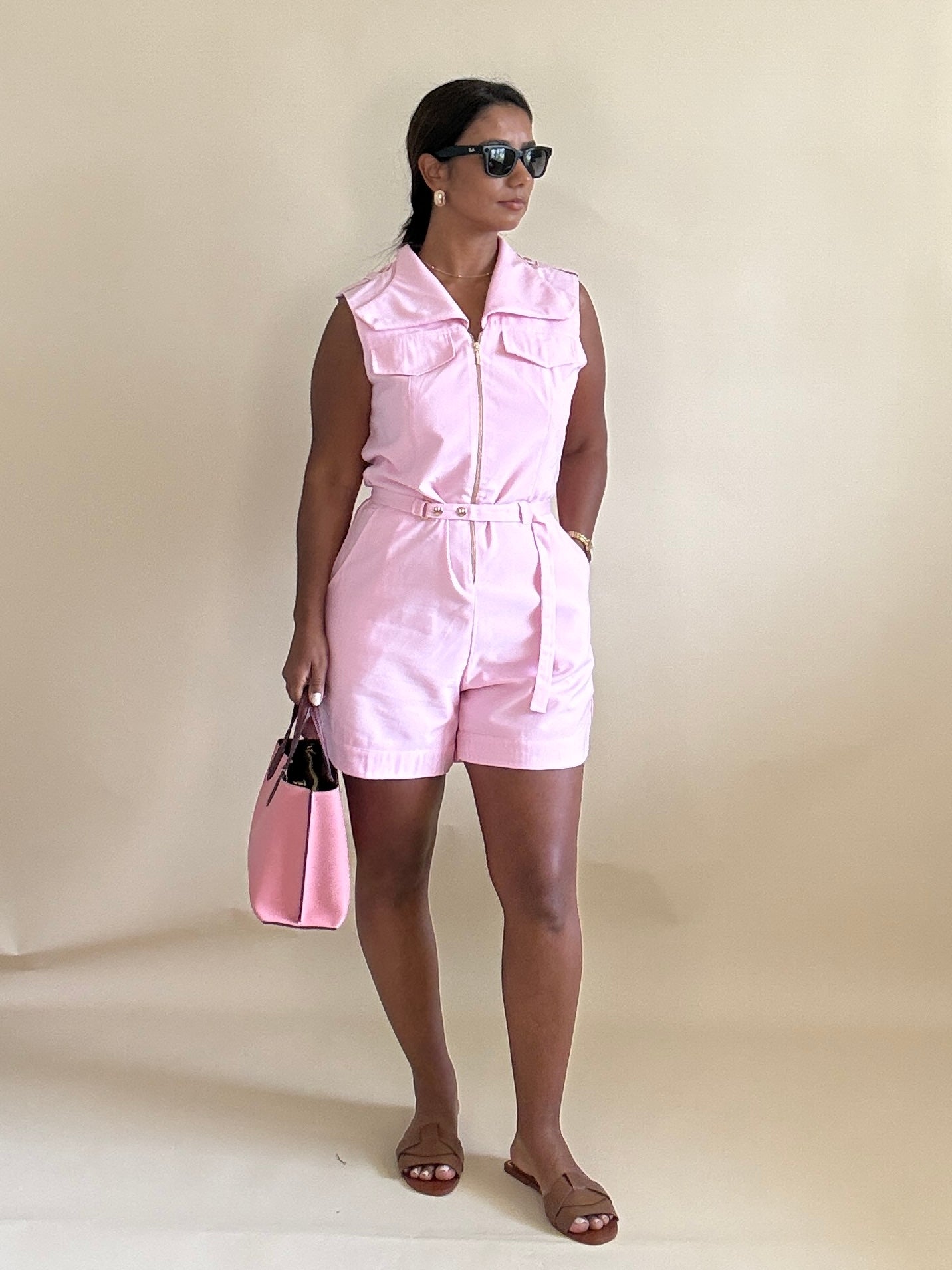 Pink Linen Utility Romper
