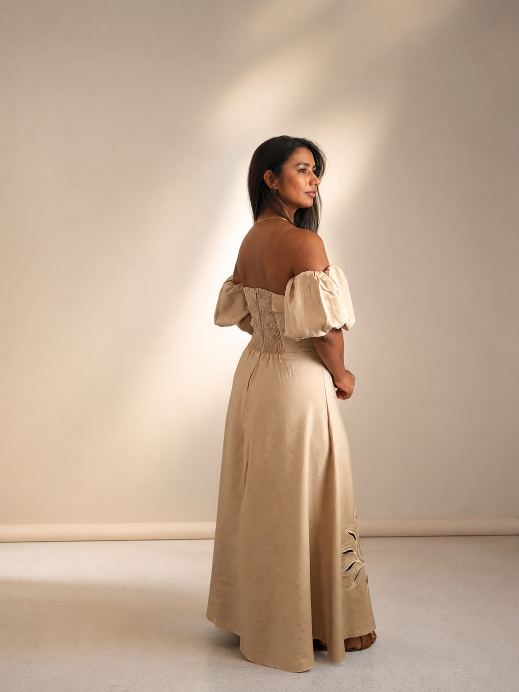 Beige Linen Midi Dress