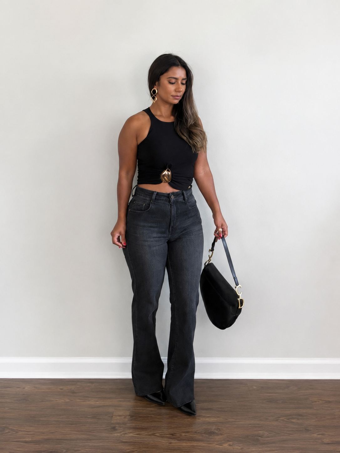 Black Ribbed Halter Crop Top with Metallic Hardware
