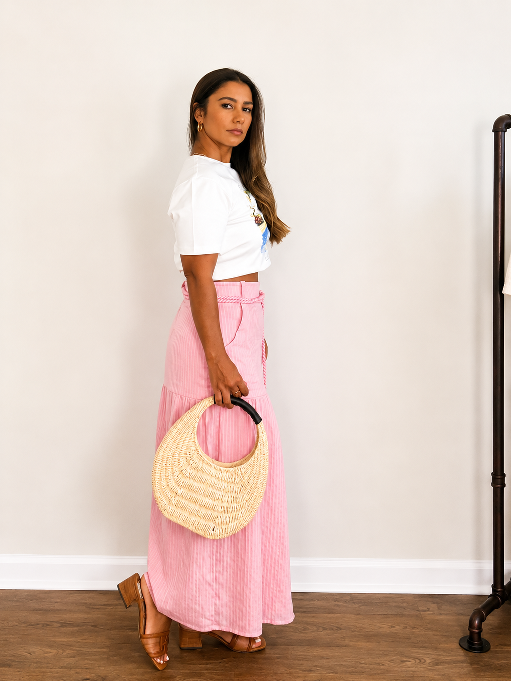 Pink Textured Midi Skirt