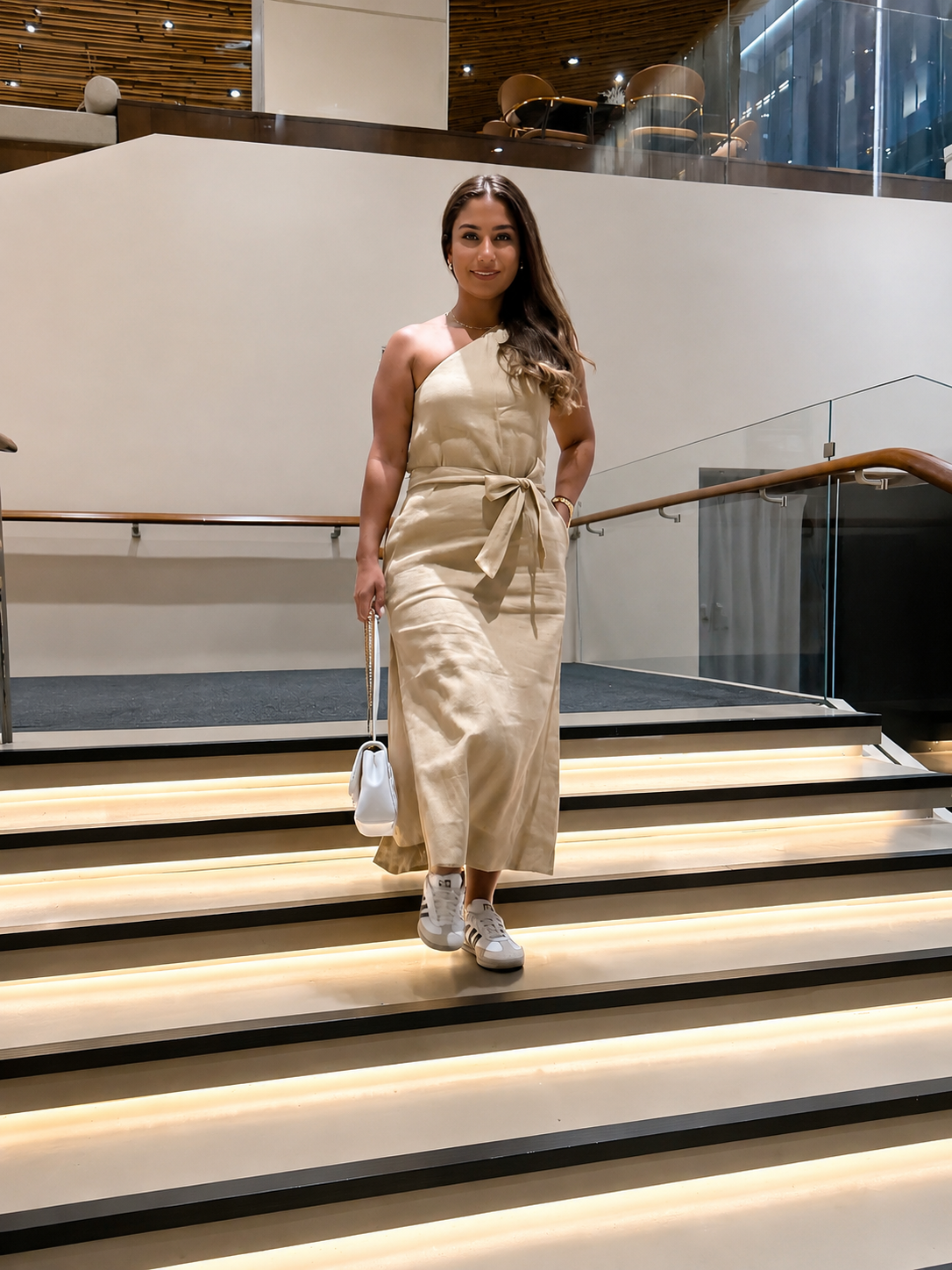 One-Shoulder Linen Blend Midi Dress
