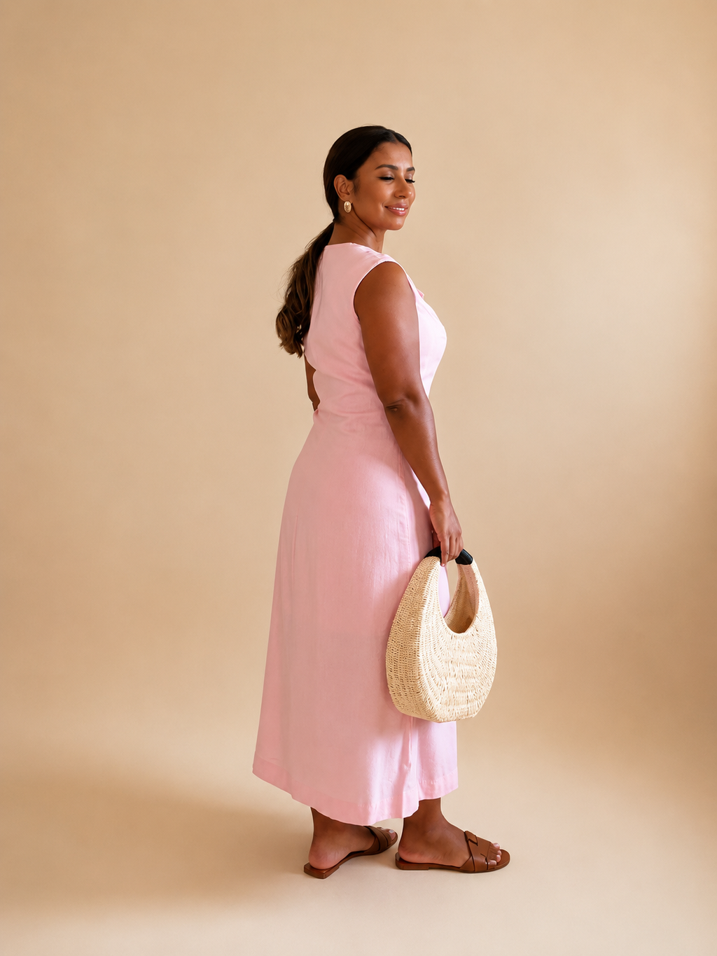 Pink Linen Midi Dress