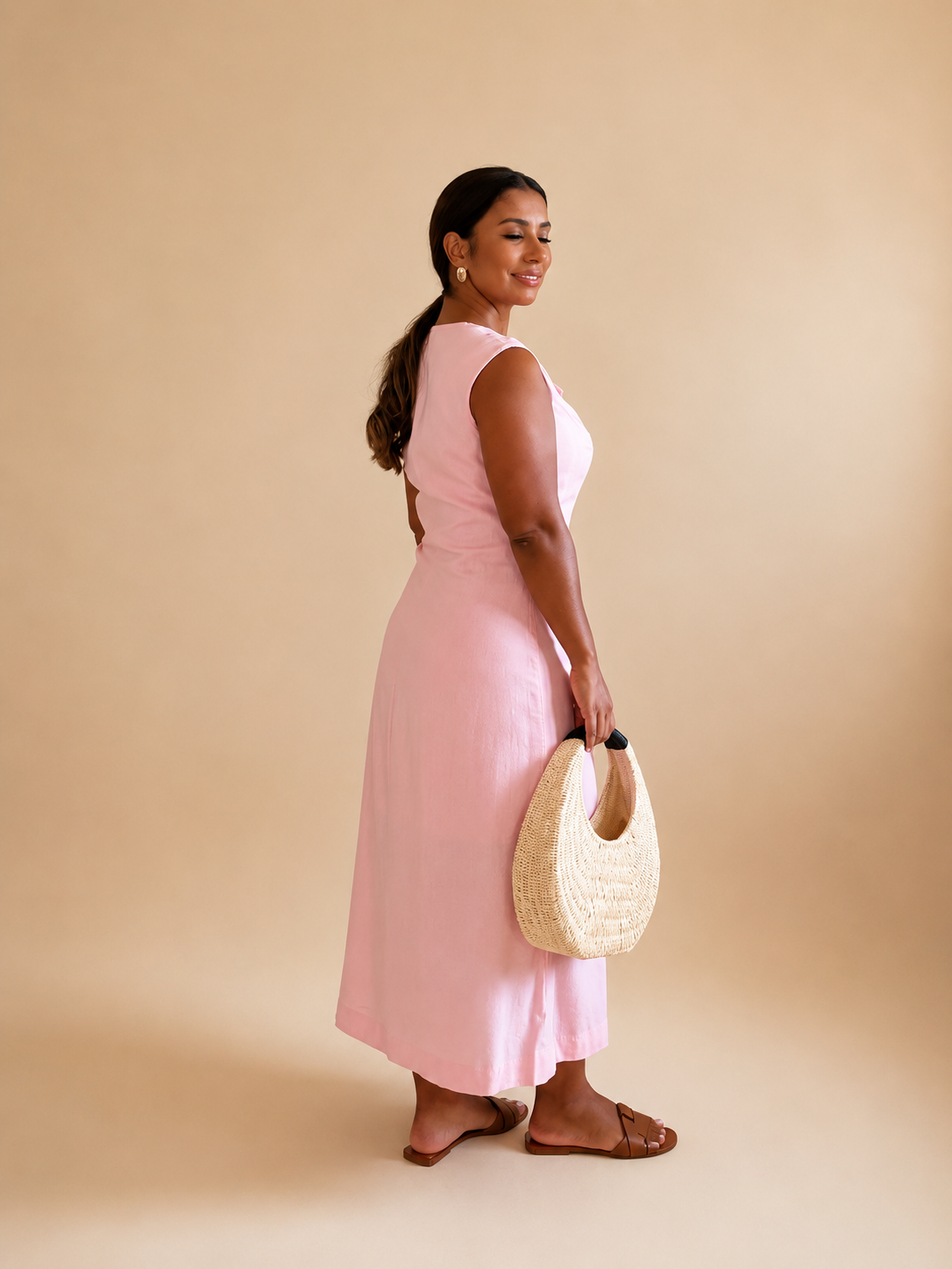 Pink Linen Midi Dress