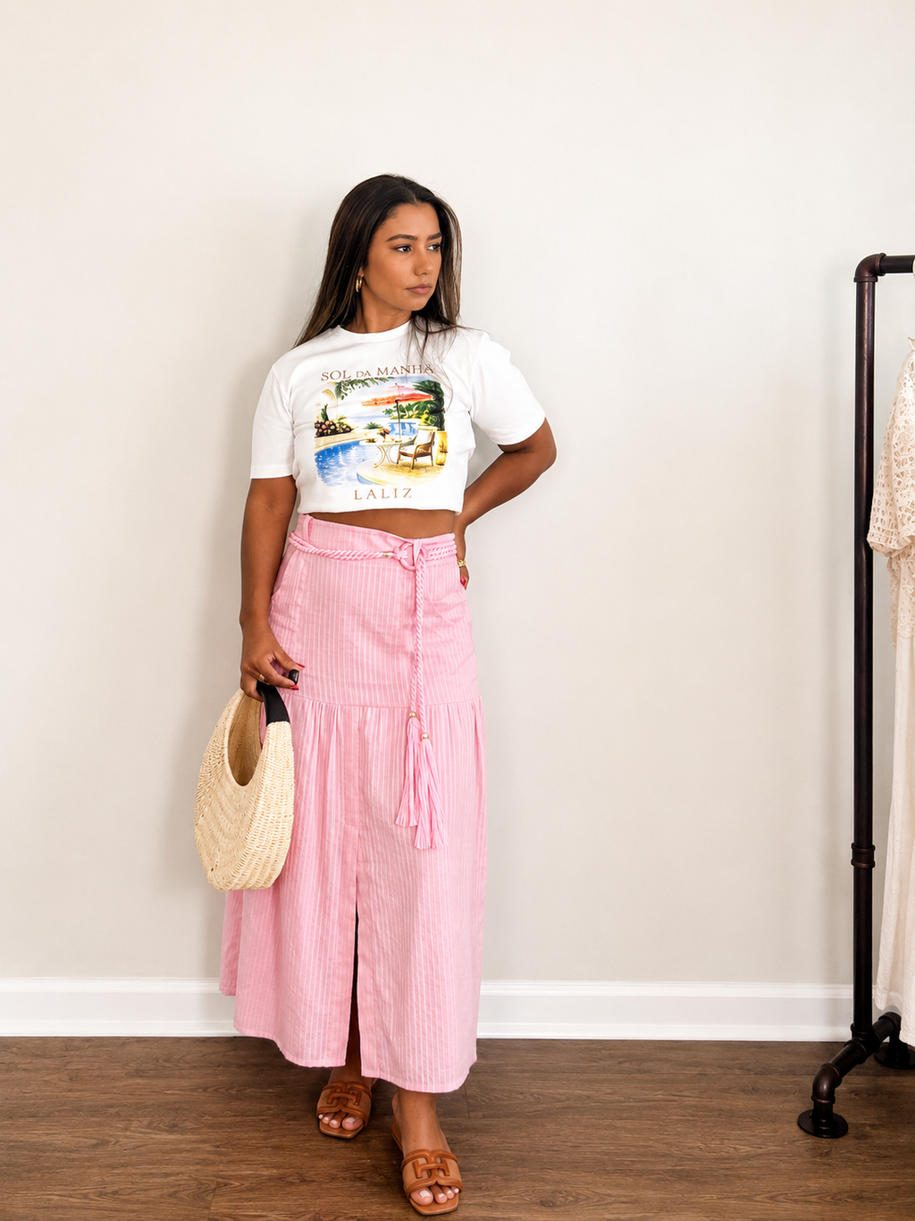 Pink Textured Midi Skirt
