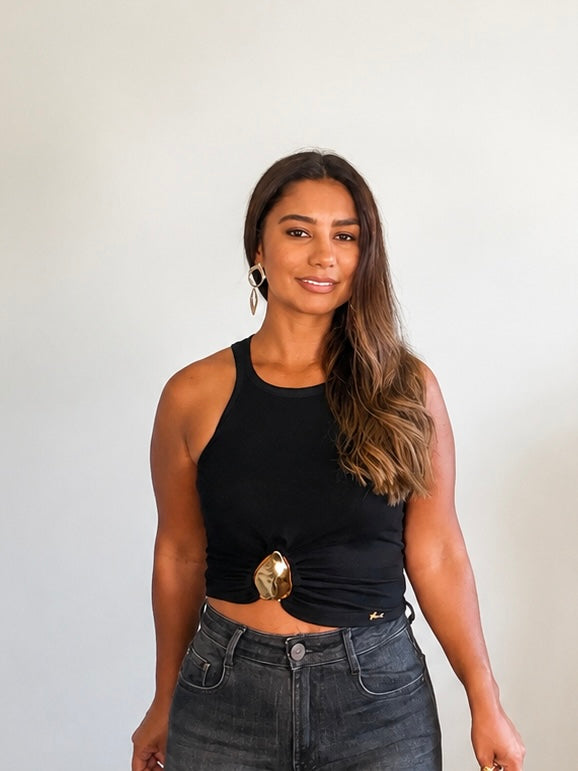 Black Ribbed Halter Crop Top with Metallic Hardware
