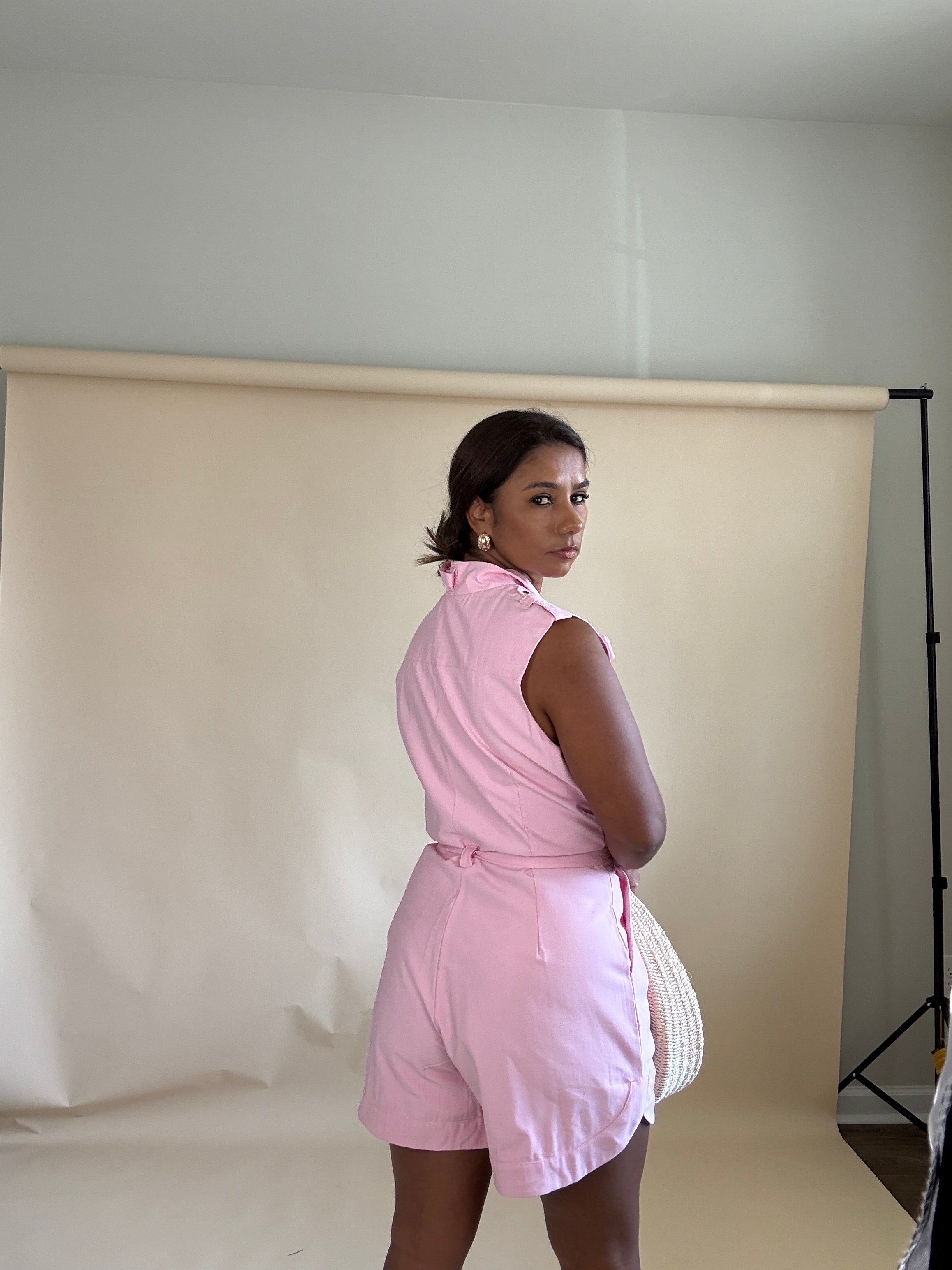 Pink Linen Utility Romper