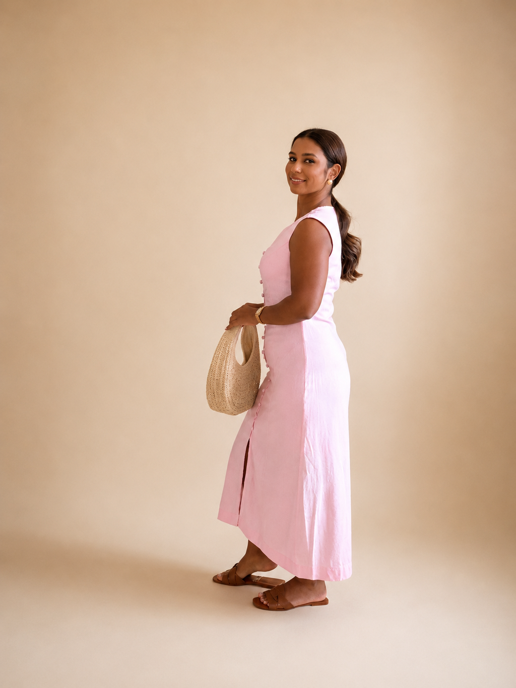 Pink Linen Midi Dress
