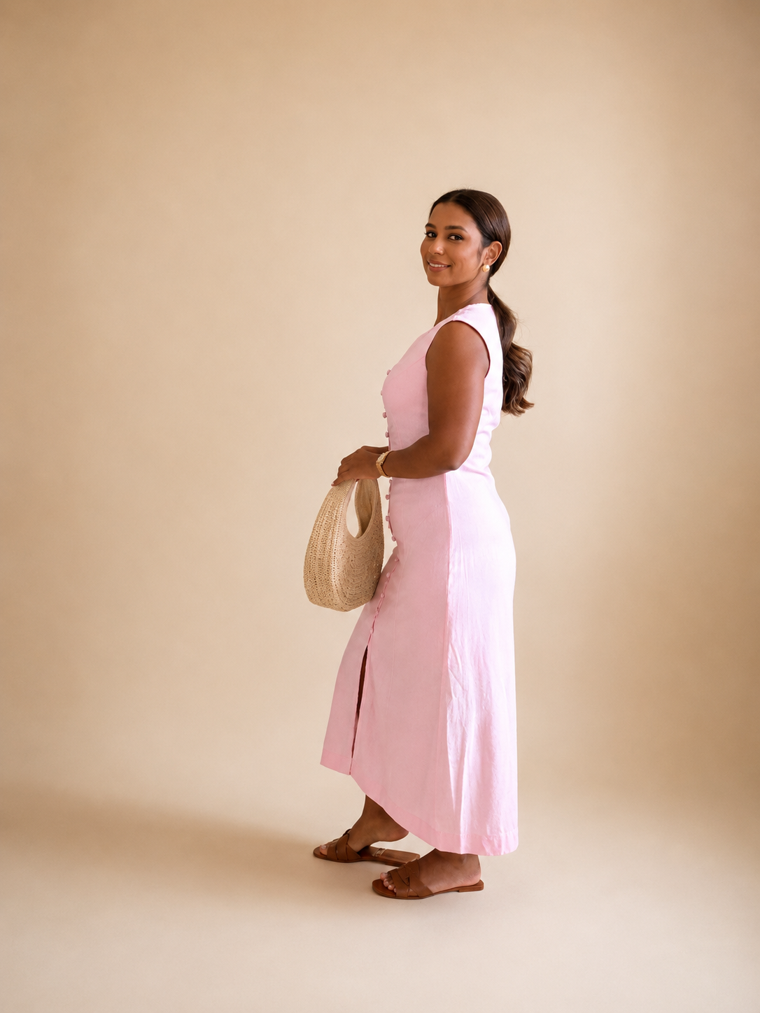 Pink Linen Midi Dress