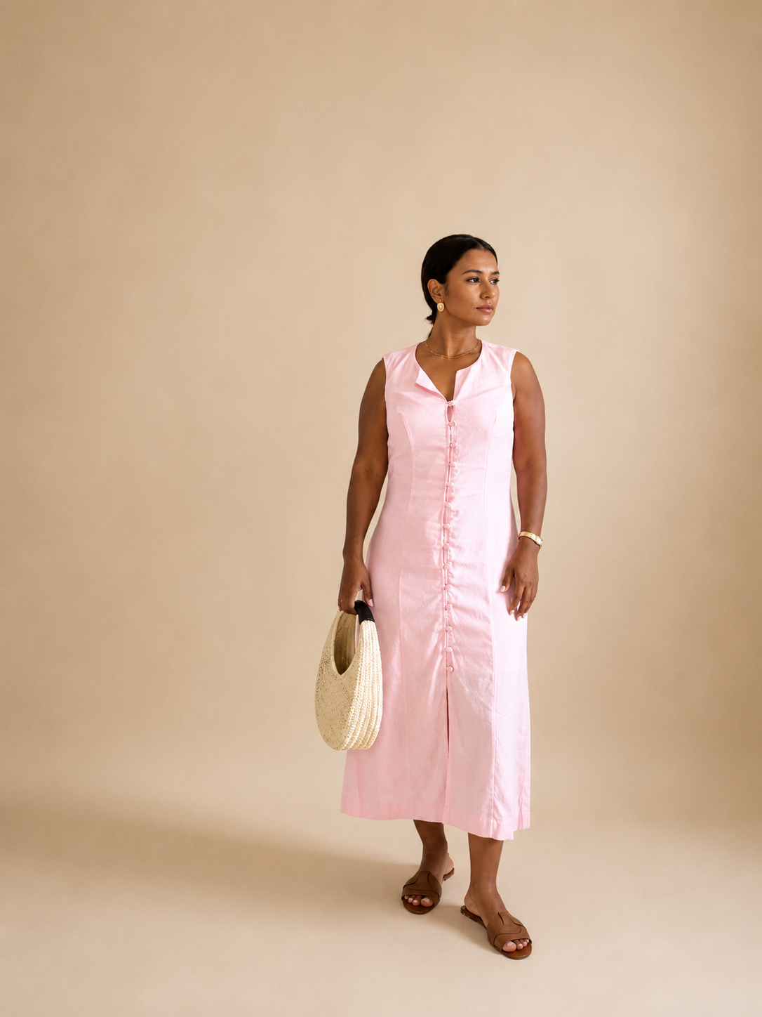 Pink Linen Midi Dress