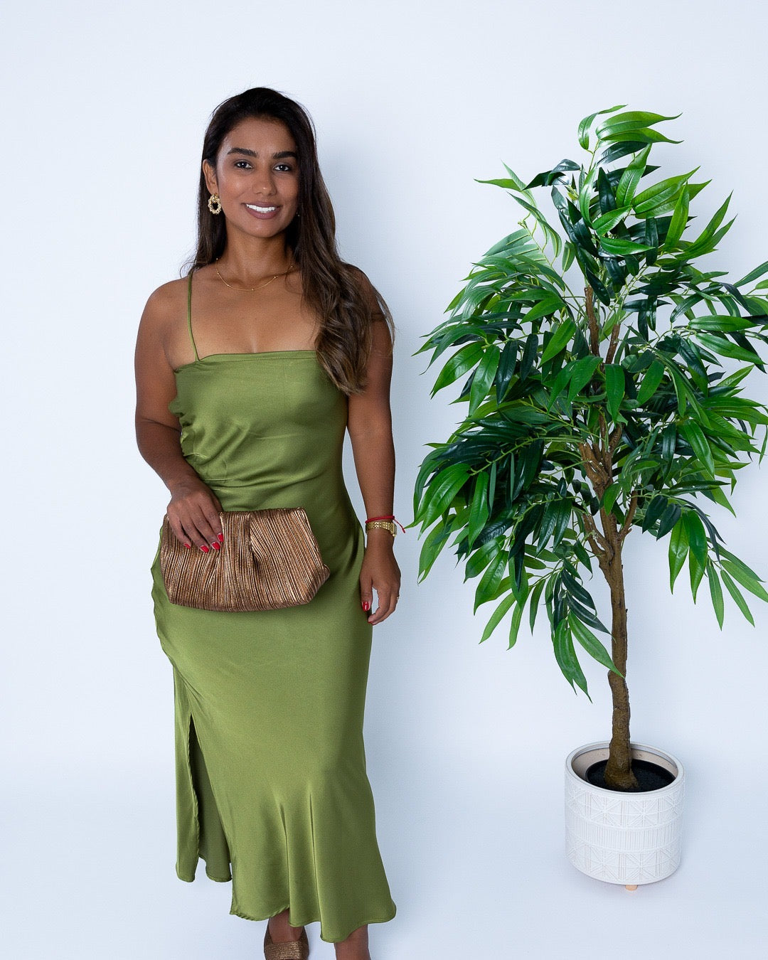 OLIVE SATIN SLIP DRESS